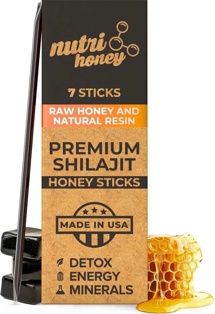 NATURAL SHILAJIT Honey Sticks - Shilajit Resin with Raw Honey, Fulvic Acid & Trace Minements, Plant Based NUtrients for Energy, Immune Dukung & Vitalitas - 7 Shilajit Sticks