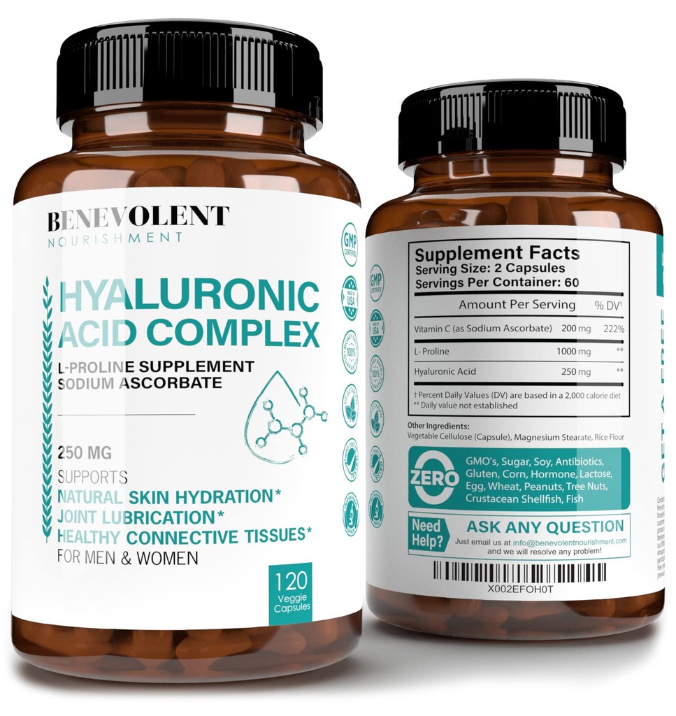 Suplemen Acid Hyalanic 250mg dengan 200mg Vitamin C, 10000mg L- Proline & Anti- Aging Manfaat, Acids Hyaluronic Acsules for Youthful Skin, Joints & Connective Tissules Health - 120 Capsules