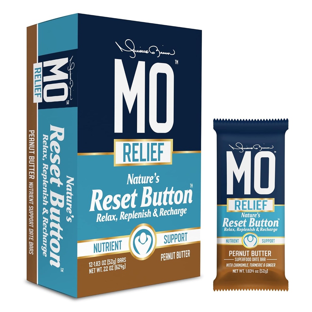 "MO RELIEF" BARS - All-Natural Superfood Snack Bar - Recovery Snack Bars - After Workout Nutrient Support with Dates, Chamomile, Turmeric, & Ginger - (12 bar dalam kotak) (Peanut Butter)