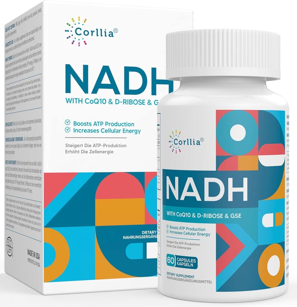 NADH + CoQ10 + D-Ribose Suplement, Enhance NAD + Tambahan untuk Energi, Fatigue, 60 Kapsul
