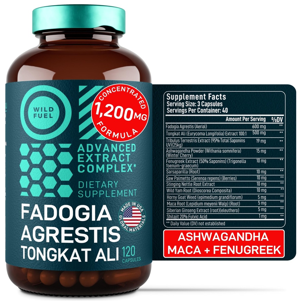 Fadogia Agrestis dan Tongkat Ali Suplemen - 600mg Fadogia Agrestis untuk Pria, 500mg Longjack Tongkat Ali, Ashwagandha Maca Fenugreek Kompleks - Kekuatan Otot, Energi, Mood Dukungan - 120 Capsules