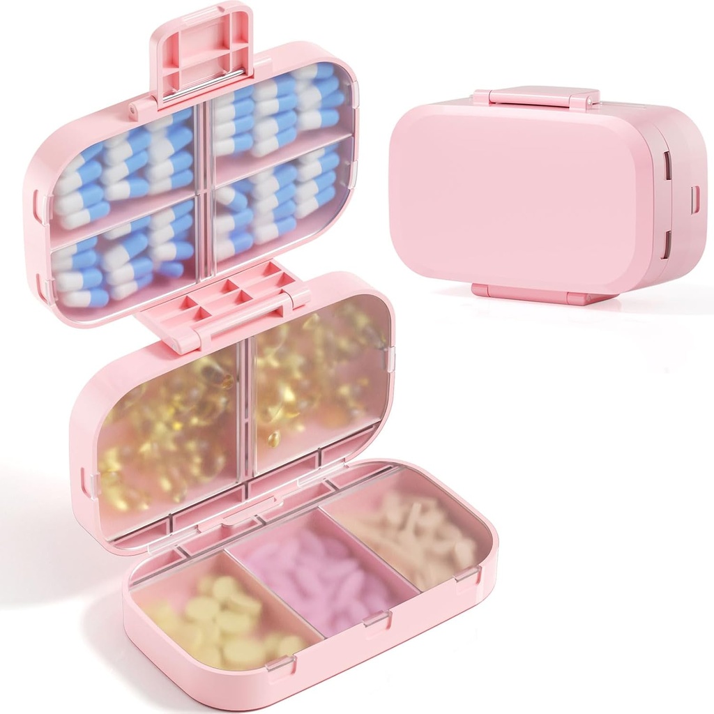 MeaCOLIA Triple- Folding Pill Organizer, 9 Kompartemen Kasus Pill dengan Kapasitas Besar, Kotak Pil Harian Kontainer Kecil untuk Vitamin, Kod Liver Oil, Suplemen (Pink)
