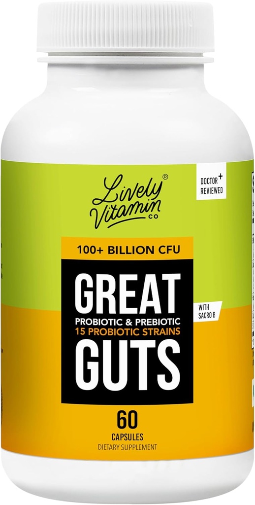 Vitamin CO yang hebat, Guts Probiotik - 100 Milyar CFU Probiotic - Saldo Gut Microbiome, GI Tract, Inflammation, Internable, Reflux, Upset Stomach, & Diare - 60 Caps