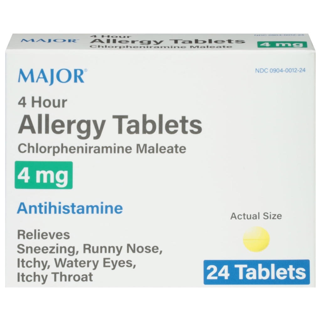 MAJOR 4 Hour Allergy Tablet - Chlorpheniramine Maleatte 4mg - Antihistamin - 24 Count (1 Pack)