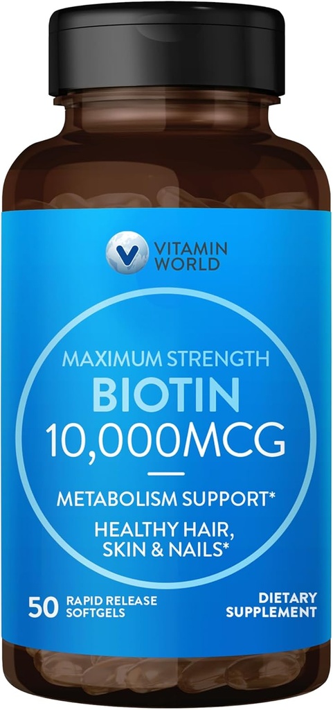 Vitamin World Ultra Biotin 10.000 mcg. 50 Softgel, Vitamin B, Menyediakan Rambut sehat, Kulit dan Nails, Rapid- rilis, Gluten Bebas