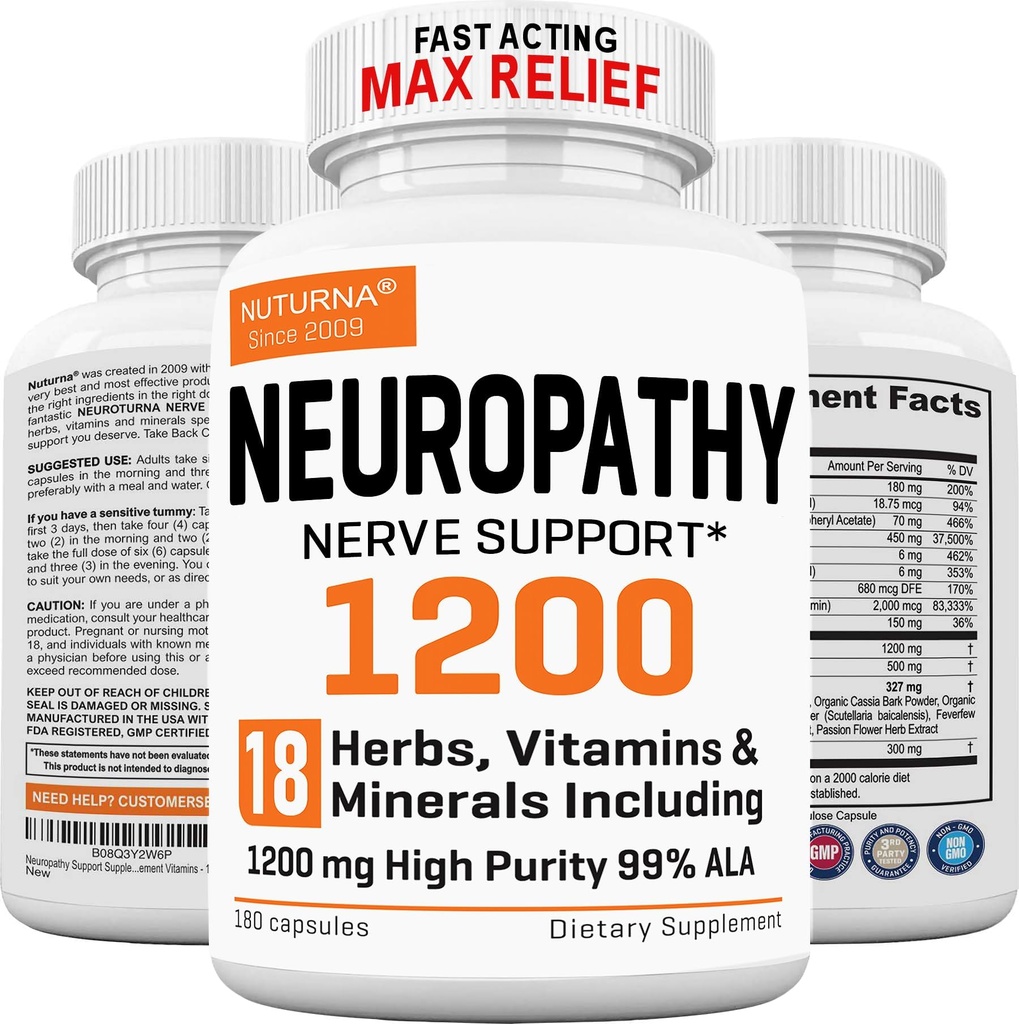 Suplemen Dukungan Neuropathy dengan 1200 mg HP-99 Alpha Lipoic Acid - Max Power ALA Nermula Formula untuk Jari Tangan Feet - Ultra Mampu 18 dalam 1 Natural Periferal Nerve Vitamin - 180 Capsules