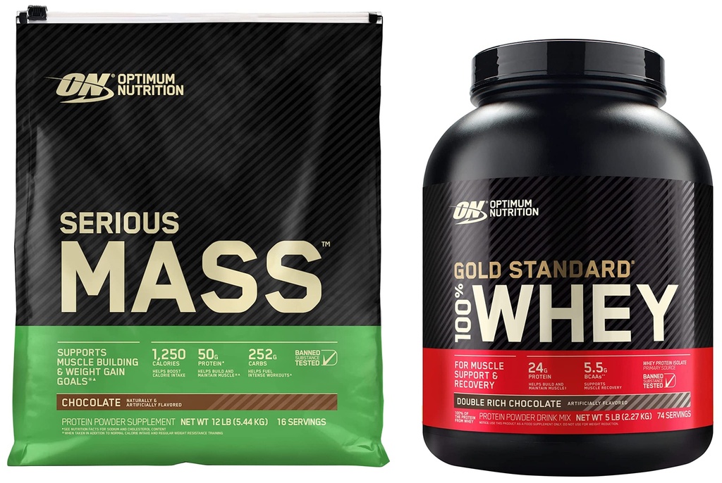Optimum Nutition Serious Mass Weight Gain Powder & Gold Standard 100% Whiy Protein Powder, Double Rich Chocolate, 5 Pound (Packaging May Vary)