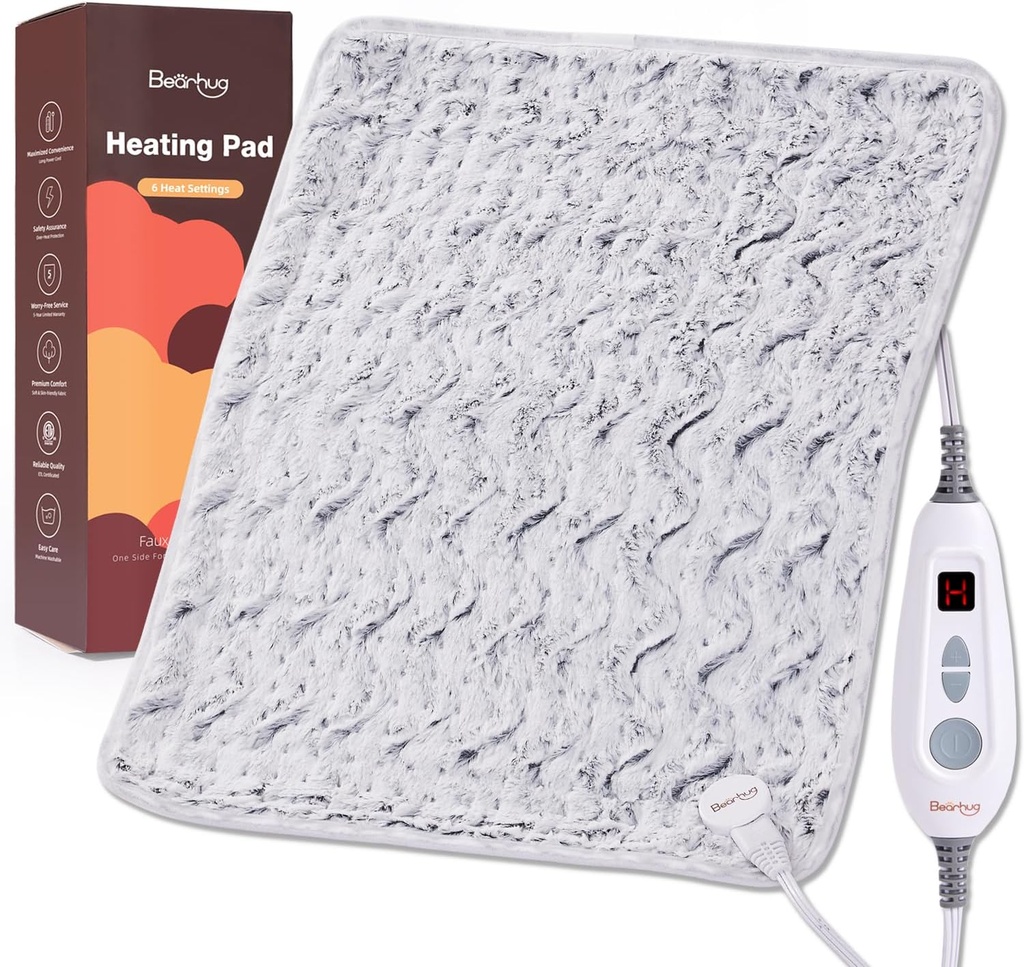Bearhug XL Electric Haating Pad 20 "x24" Double-Sided Fur Heated Pad, 6 Heat Levels, 2H Auto- Off, Moist & Dry Heat Therapy for Back Pain Relief, Machine Washable, ETL Certifikasi, Gift Box