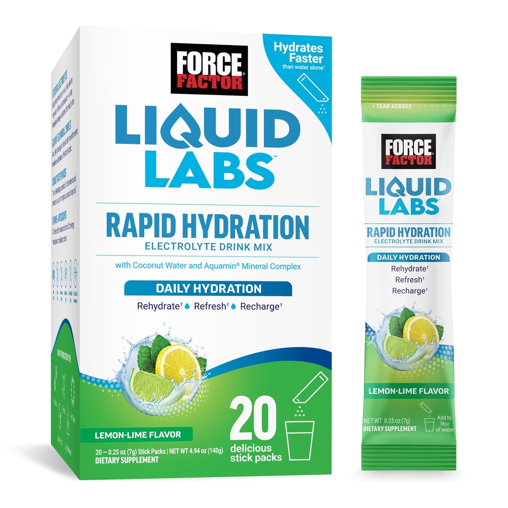 ForCE Factory Liquid Labs Electrolytes Powder Pawder - Lemon Lime - Hidration Packts to Make Electrolite Water with 5 Estivene Electrolytes, Vitamin, Mineral, and Antioksidants, 20 Stick Packs