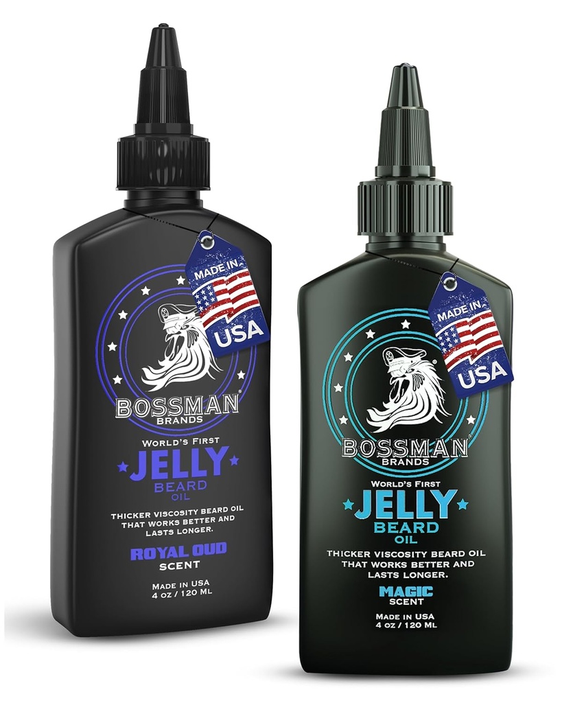Bossman Jelly Beard Oil for Men Bundle 124; 2 Pack, 8 oz (Magic + Royal Oud Scents) Ach124; Softens, Moisturizes & Conditions with Natural Ingreations - Made in the USA
