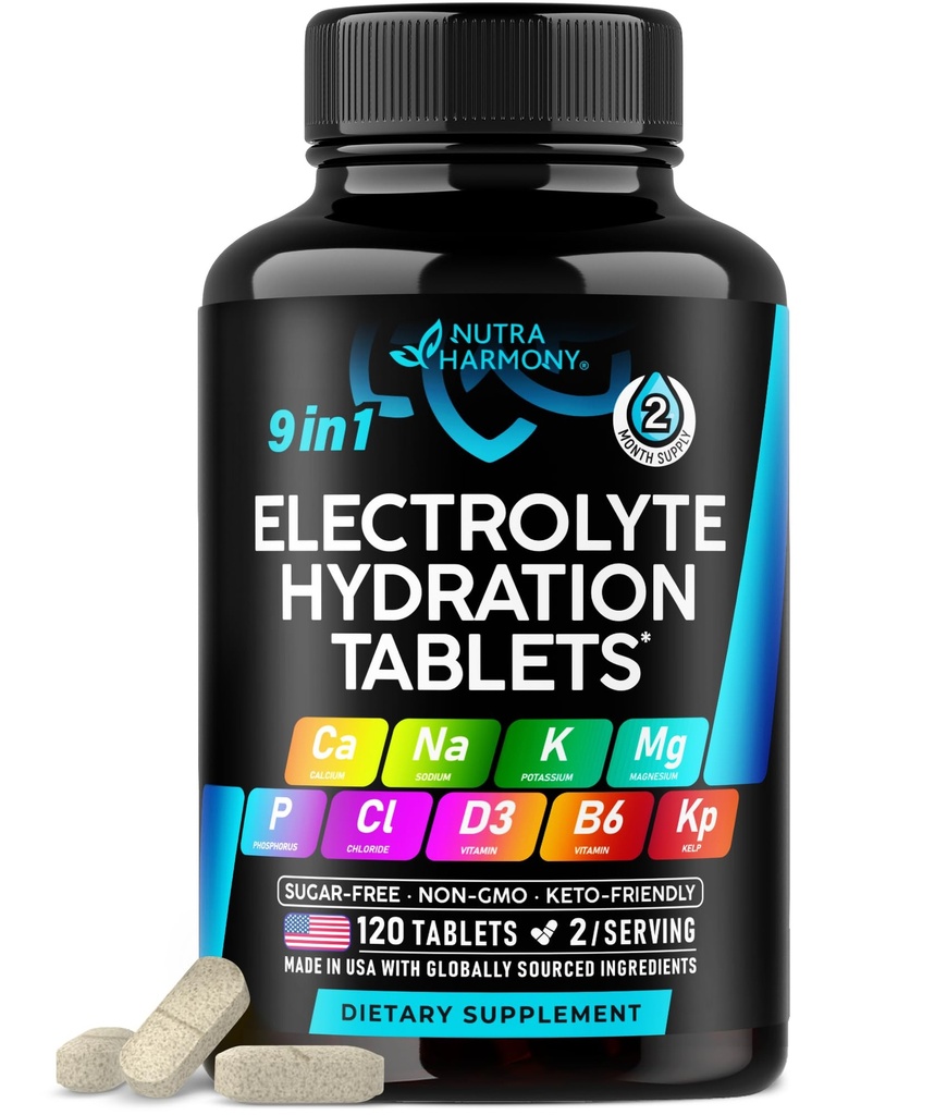 Electrolytes - Electrolite Tablet dengan Magnesium, Sodium, Potasium, Chloride, Vitamins D3 & B6, Kelp Powder - Salt - Dibuat di USA - Oral Tablet sebagai Kapsul - Vegan & Keto Friendly - 120 Tab
