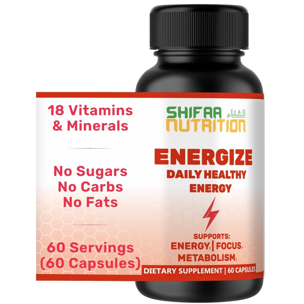 Energi NUTRITION SHIFAA, Vitamin Energi Harian Alami: 124; Jitter- Bebas, 60 Servings Aver4; Pendukung Fokus, Mood, Otak, Metabolisme 124; w / Caffeine & Taurine, B1, B2, B5, B6, B7, B9, B12 Halal Vitamin