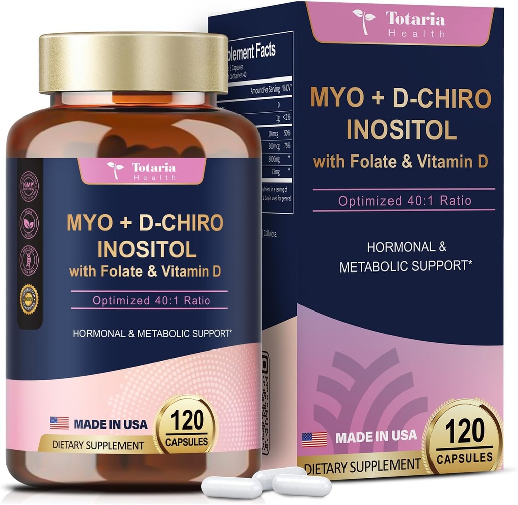 Totoaria Inositol Suplemen Perempuan dengan Vitamin D3, 40: 1 Rasio Myo- Inositol 3000mg & D- Chiro Inositol 75mg Complex, Vitamin B8 Inositol Suplemen Perempuan, Nail, Skin Health