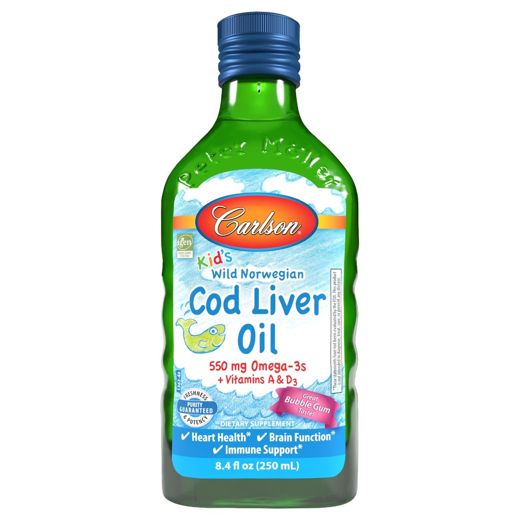 Carlson - Kid 's Cod Liver Oil, 550 mg Omega- 3 s, Vitamin A & D3, Norwegia Liar, Bubble Gum, 250 mL