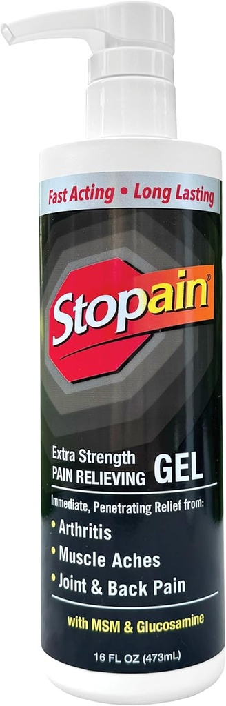 Stopain Pain Relief Gel 16oz, USA Made, Max Power Fast Acting with Menthol, MSM, Glucosamine for Joint Pain, Back Pain, Arthritis, Neck Pain, HSA FSA Disetujui OTC Produk Anjumasic
