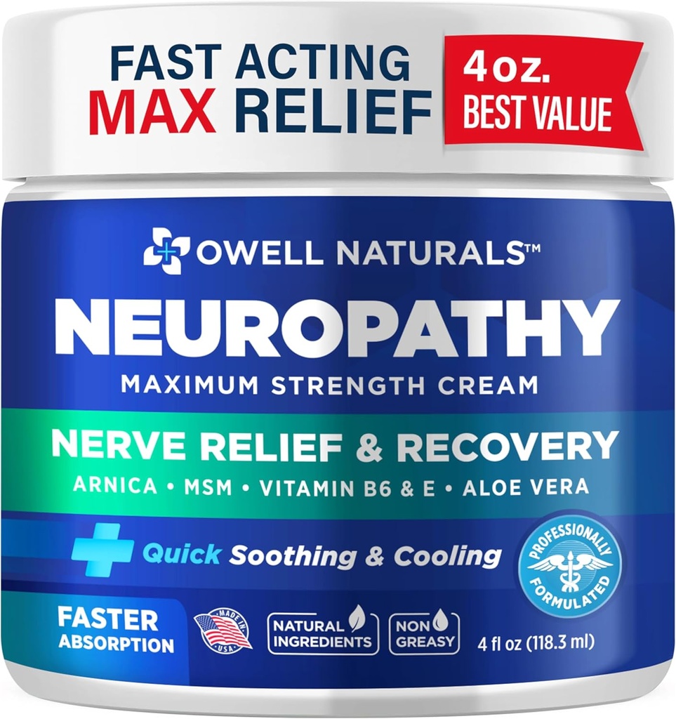Owell Neuropathy Neuropathy Relief Cream, Maximum Strength, Greatless, Natural Ingnities Arnica, Aloe Vera, MSM, Vitamin B6 for Feet, Hands, Toes Discomfort, 4 Fl Oz (Pack of 1)