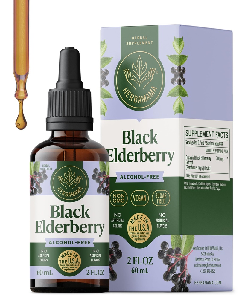 HERBAMA Black Elderberry Drops - Vegan Elderberry Extract for Imune Support - Non-GMO, Alkohol & Sugar- Free Immunity Suplemen, Persediaan 21- Day