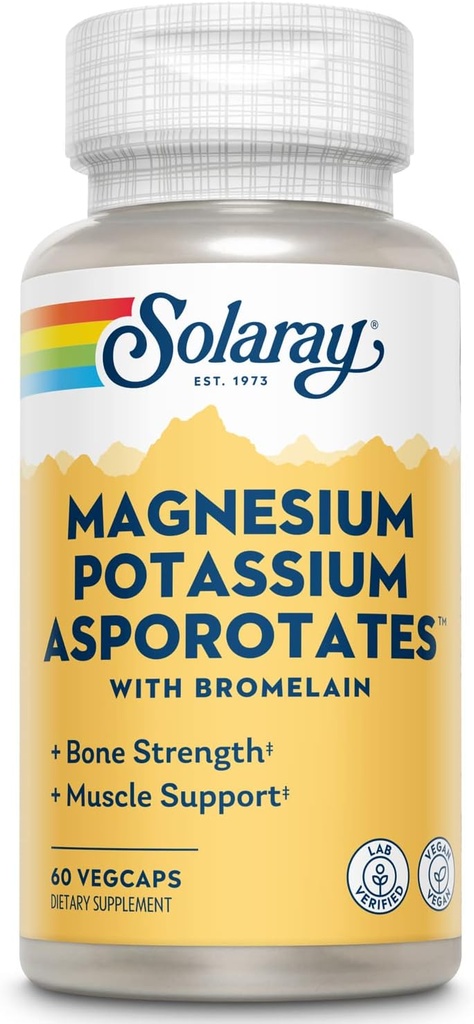 Solaray Magnesium dan Potasium Asporotates w / Bromelain, Healthy Electrolite, Muscle, Heart & Cellular Dukungan, 60 Vegan Caps