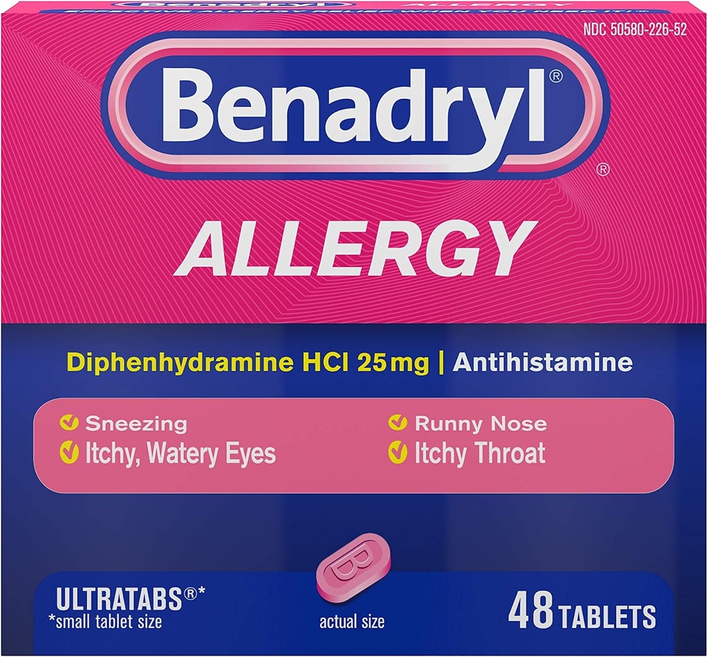 Benadryl Ultratabs Antihistamin Allergy Medicine, Diphenhydramine HCI Tablet, 48 ct