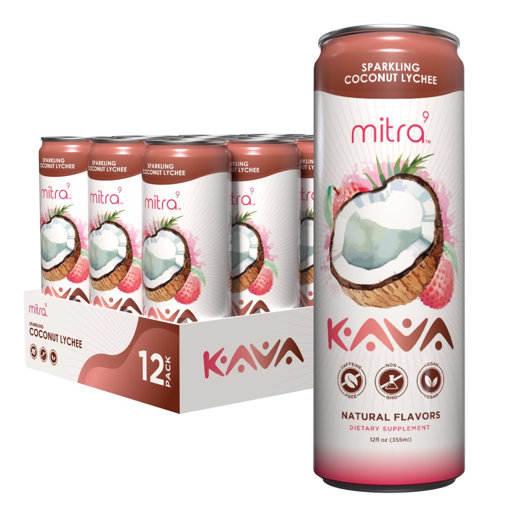 MITRA-9 Botanical Deverages - Coconut Lychee Sparkling Kava Dgn Kava Root Extract - Mood Enhancer - Plant Based - Promotes Natural Calle & Clarity (12 Fl. Oz) (12)