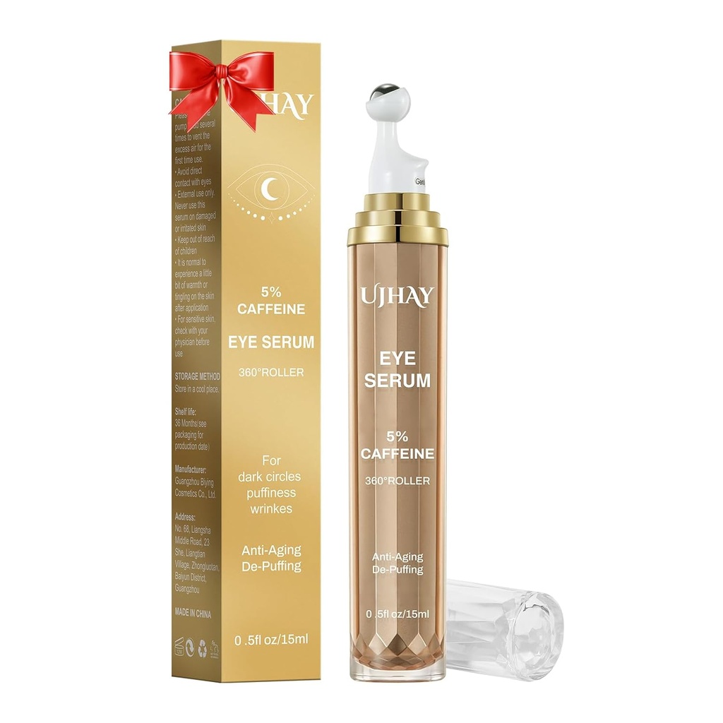 5% Caffeine Eye Cream, Under Eye Serum for Dark Circles, Puffiniss & Wrinkles Fine Lines, Eye Roller Serum dengan 360 ° Massage Ball, Eye Treatment Balment for Men & Women