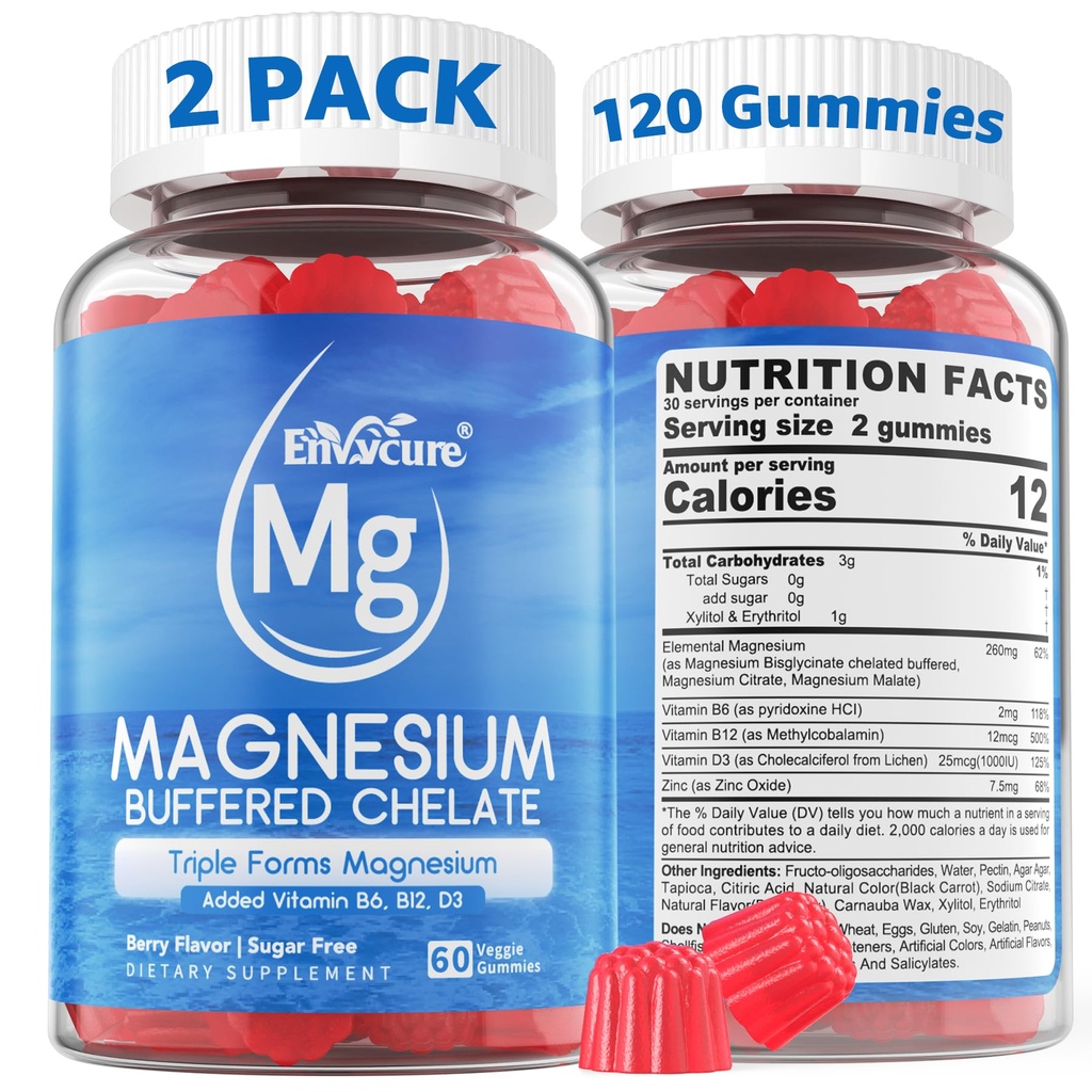 Gummies Magnesium - Triple Magnesium Complex, Magnesium Glycinate Gummies 12.4; Magnesium Glycinate, Malate, Citrat w / D3 B6 B12, untuk Tenang, Tidur & Muscle Kram 124; Absorpsi Tinggi 124; Vegan, 2 Pack