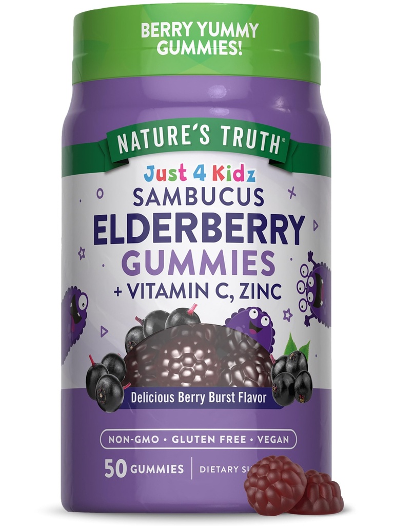 Nature 's Truth Kid Elderberry Gummies 124; 50 Count Aver4; dengan Zinc dan Vitamin C 124; Vegan, Non-GMO & Gluten Free Suplemen
