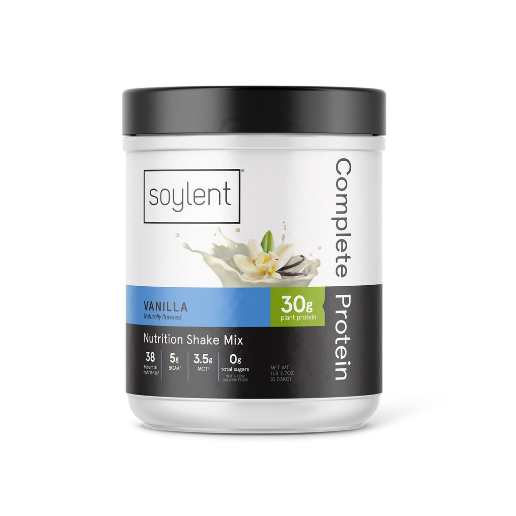 Soylent Complete Protein Powder, Vanilla, 30g Protein Shake for Muscle Growth and Recovery, BCAAs, DHA, MCT, 28 Vitamin & Minemins, Zero Sugar, Gluten Free, Vegan - 1.25lb