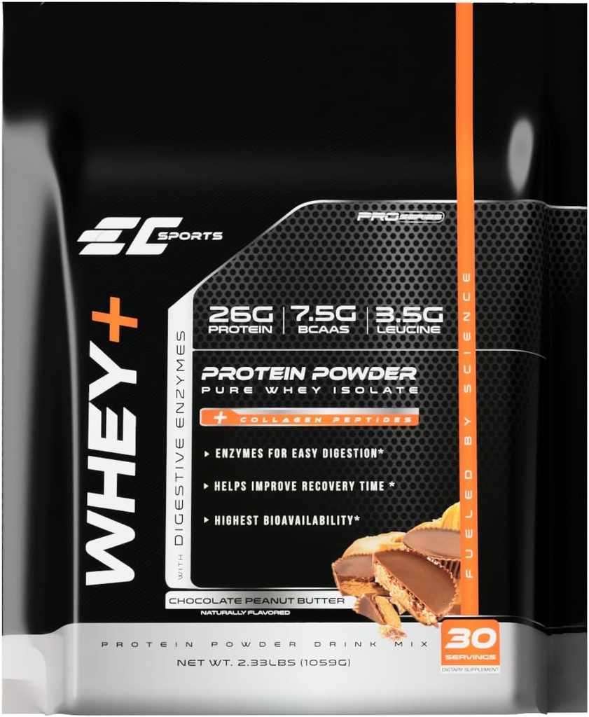EC Sports Whey + Protein Powder, Chocolate Peanut Butter Mix w / Digetical Enzymes - Isolate Suplemen, Collagen Peptides w / Swift Reform - 30 Servis