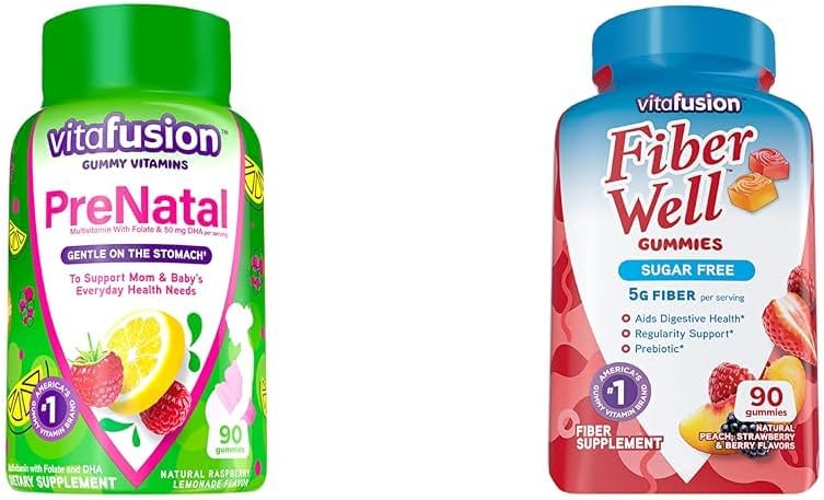 Vitation PreNatal Gummy Vitamin, Raspberry Lemonade Flavored, Pregnancy Vitamin for Women & Fiber Well Sugar Free Fiber Suplemen, Peach, Strawberry dan BlackBerry Flavored