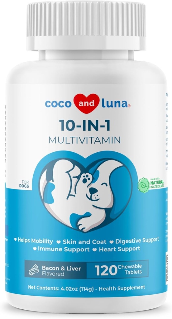 10 dari 1 Multivitamin untuk Anjing - 120 Tablets Chewable dengan Glucosamin dan Chondroitin - Minyak Ikan & Vitamin dengan Coq10 untuk Kesehatan Skin & Heart, Gut & Ammune Dukungan