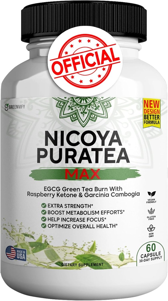 Nicoya PuraTea Max Green Tea Extract & Green Coffee Bean untuk Metabolism Dukungan, Natural Energy Boost, Antioksidant- Kaya Suplemen - 60 Kasules