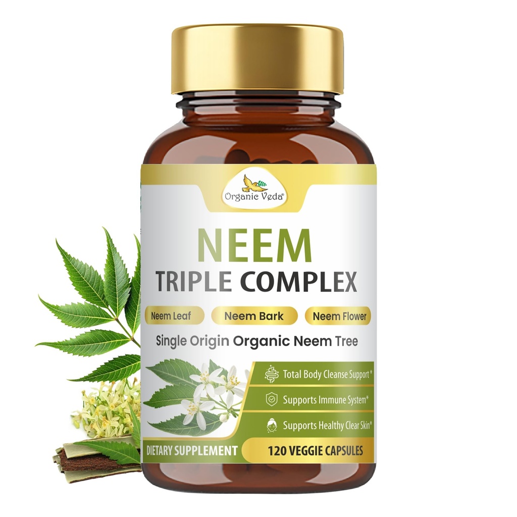 Veda Neem Organik Capsules dengan Triple Complex Neem Leaf Extract, Bark & Flower - Herbal Supplement Boosts Imunity, Images, Skin Health & Support Cleansing - 120 Count