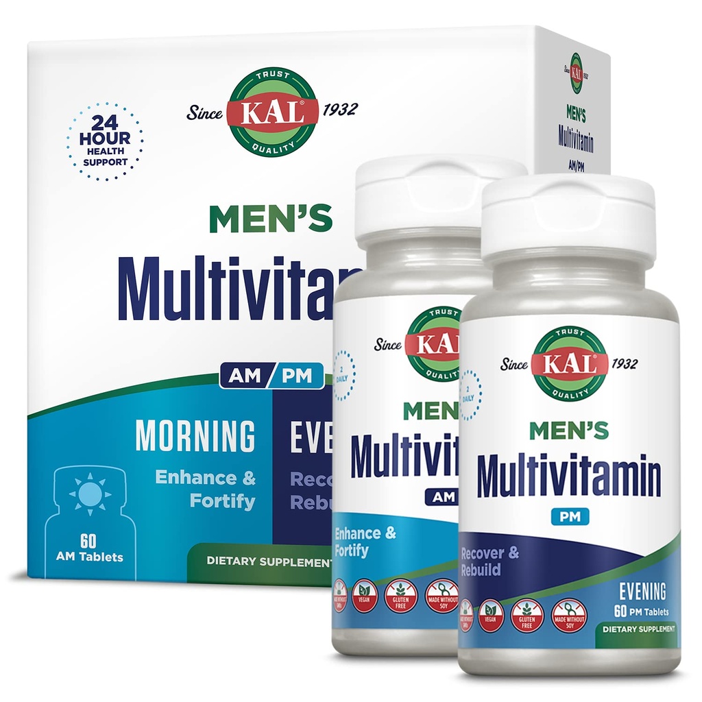 KAL Men 's Multivitamin AM / PM, antioksidants Suplemen, Muscle, Imune, Electrolite Saldo, Overall Wellness Dukungan, Dibuat Tanpa GMO dan Soy, Vegan, 30 Pelayan, 120 Tablet