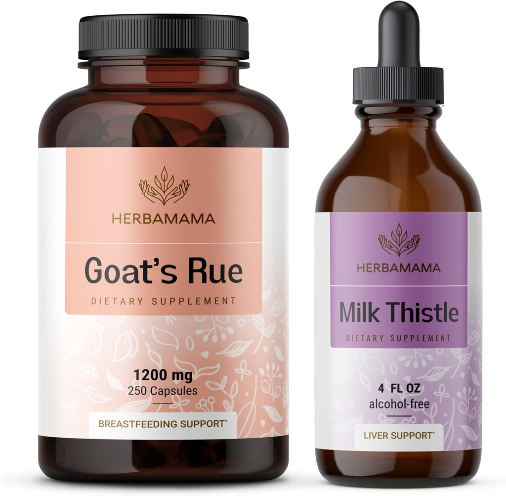 HERBAMAMA Goat Rue and Milk Thistle Kit - Bundle of 1200 mg Goat 's Rue Capsules & Milk Thistle Liver Detox Drops 4 lf oz - Vegan, Non- GMO, Sugar & Alcohol- Free - 2 Pack
