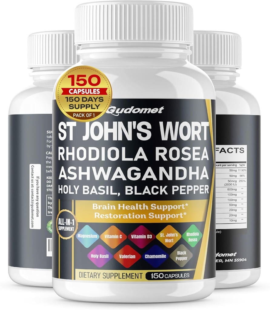 St. John 's Welt Rhodiola Rosea Ashwagandha Holy Basil Valerian Chamomile Black Pepper -150 Capsules- Dibuat di USA