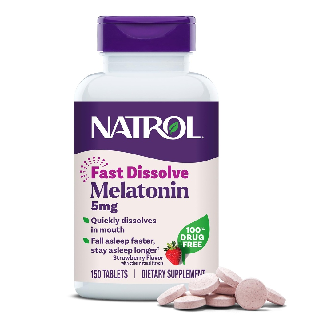 Natrol Melonatin 5mg Quast Dissolve Tablet, Sleep Suplemen Dukungan untuk Dewasa, Strawberry Flavor, 150 tablet, Sampai 150 Hari Supply