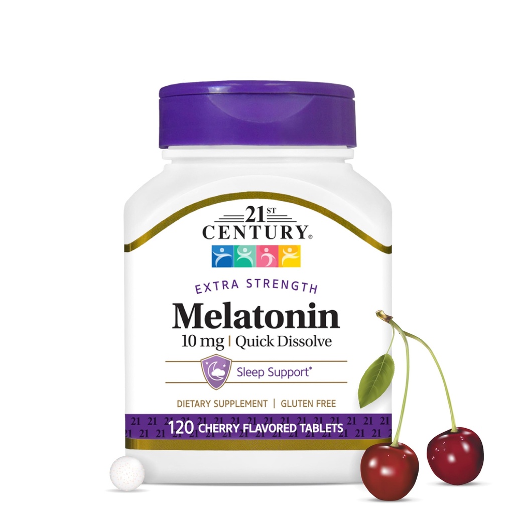 Abad ke-21 Melonatin 10mg Ekstra Kekuatan, 120 Count, Quick Dissoling Sleep Aid for Dewasa, Promotes Relaxation and Restful Sleep, Non-Habit Forming, Gluten- Free, Cherry Flavor