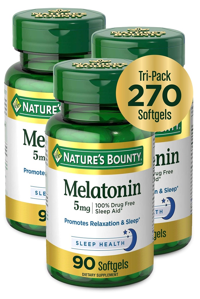 Nature 's Bounty Melonatin dalam 100% Obat Free Sleep Aid, Dietary Supplement, Promotes Relaxation and Sleep Health, 5 mg, 90 Count, Paket 3