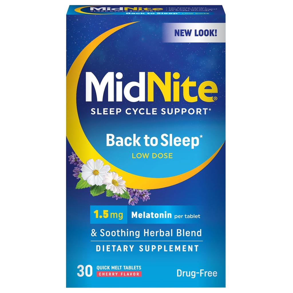 MidNite Back to Sleep Low Dose, 1.5 mg Melonatinin Sleep Aid, Non-Habit Forming, Herbal Dietary Supplemen untuk Dewasa, Drug-Free, Gluten- Free, Lactoe- Free, Vegetarian, Vegan, 30 Quick Melt Tablets