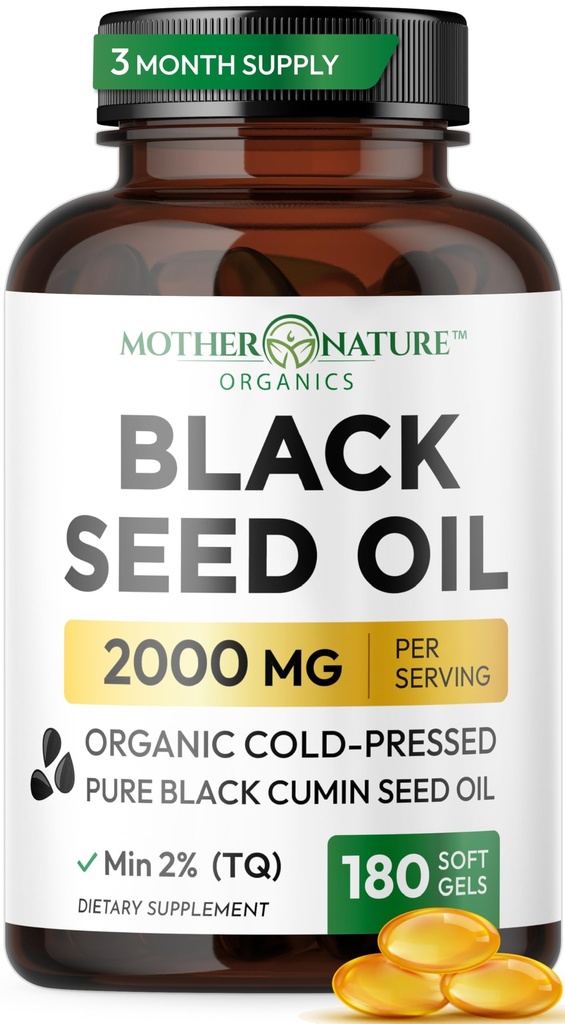 Black Seed Oil Capsules 2000mg Per Serving, Organic Cold Pressed Black Cumin, High TQ, Ammune & Joint Support, 180 Count (3 Pasokan Bulan)