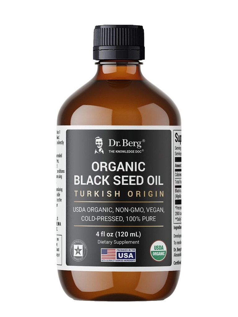 Dr. Berg Black Seed Oil Organic Cold Press - Pure Nigella Sativa Black Cumin Oil - USDA Organic, Halal, Vegan - for Hair, Skin, Imune Support - Unfure Liquid - 4 oz Glass Bottle