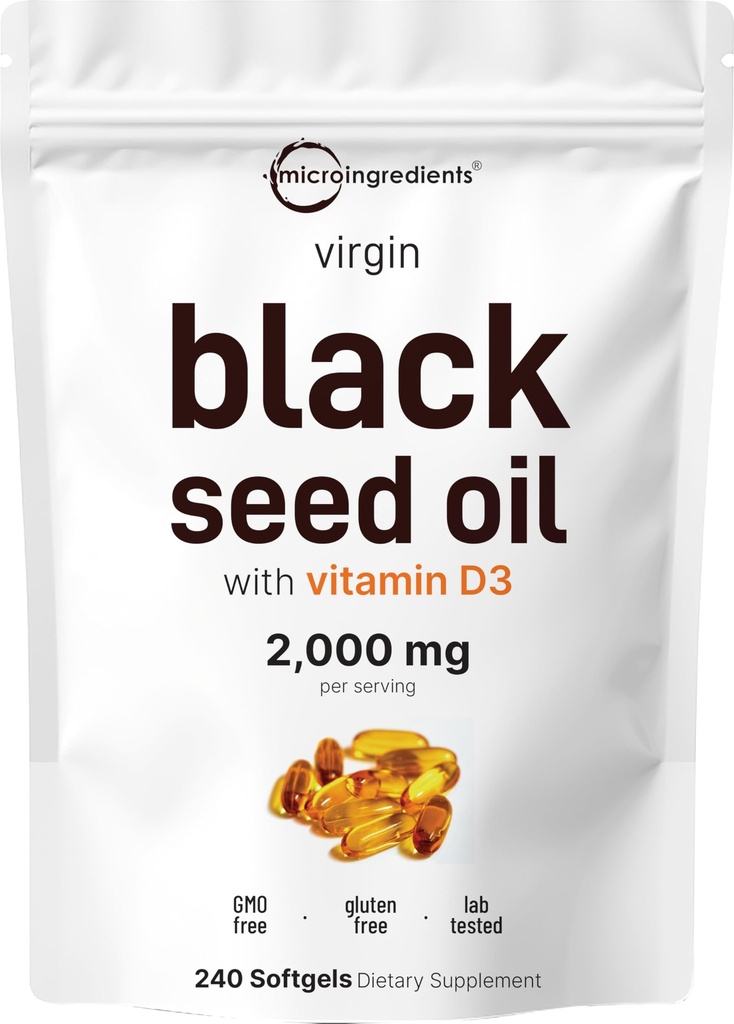 Mikro Ingredients Black Seed Oil dengan Vitamin D3 1000 IU, 240 Softgeels 124; 2,000 mg Black Beneil per Serving 124; Nigella Sativa Oil 124; 2- 1 Unfuxed Eed Oil Formula 14la, Non-GMO, cGMP Manufaktur
