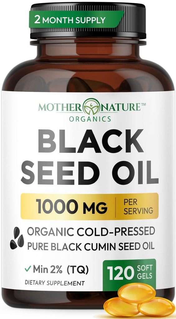 Black Seed Oil Capsules 1000mg, Organic Cold Pressed Black Cumin, High TQ, Imune & Joint Support, 120 Count (2 Pasokan Bulan)
