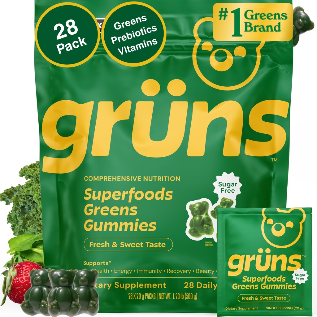 Gruns Adult Sugar- Free Super Greens Multivitamin Gummies, Superfood Guamins for Women and Men with Spirulina, Chlorella, Adaptogens & Prebiotic Fiber for Digetical Health (28 Count)