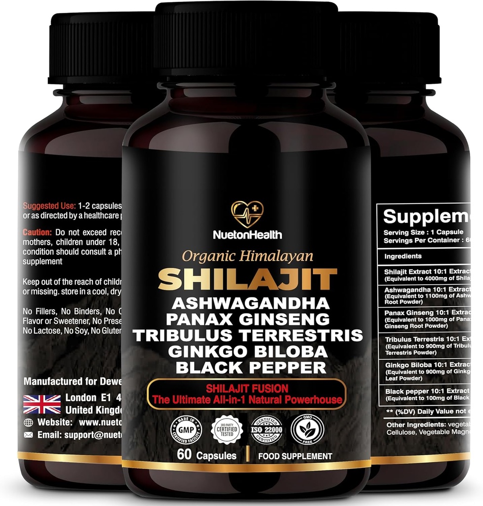 Himalaya Shilajit Capsules dengan Ashwagandha, Ginseng, Tribulus, Ginkgo & Black Pepper - Vegan, Gluten- Free Botanical Blend untuk Harian & Vitalitas - 60 Capsules