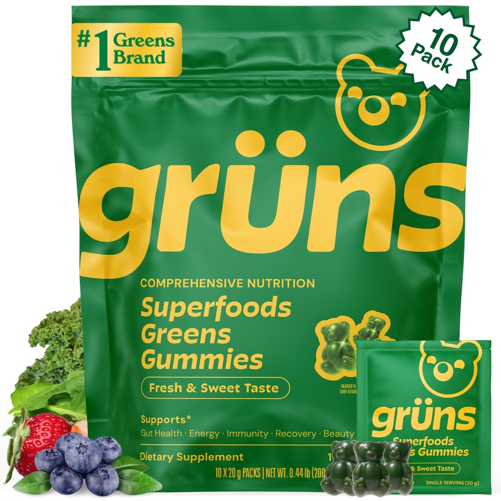 Gruns Dewasa Super Hijau Gummies, Multivitamin Superfood Gummy Bears, Spirulina, Chlorella, Pregories & Fiber Gummies for Digetical Health, Adaptogens Supplemen, 20 Vitamins & Minever, 10 Count