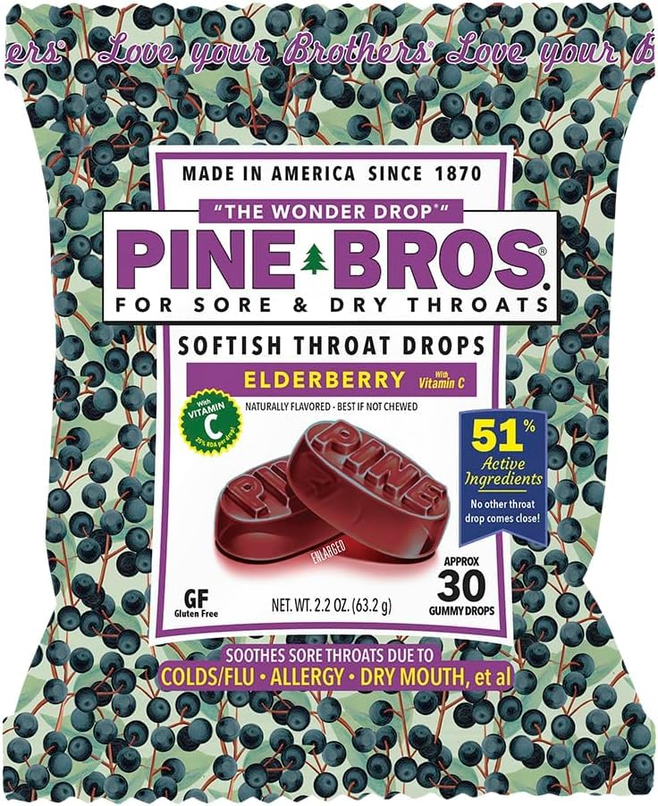 Pine Bros. Gummy Sore Throat Softish Drops 30 Count (Pendekatan) (Paket 1, Elderberry)