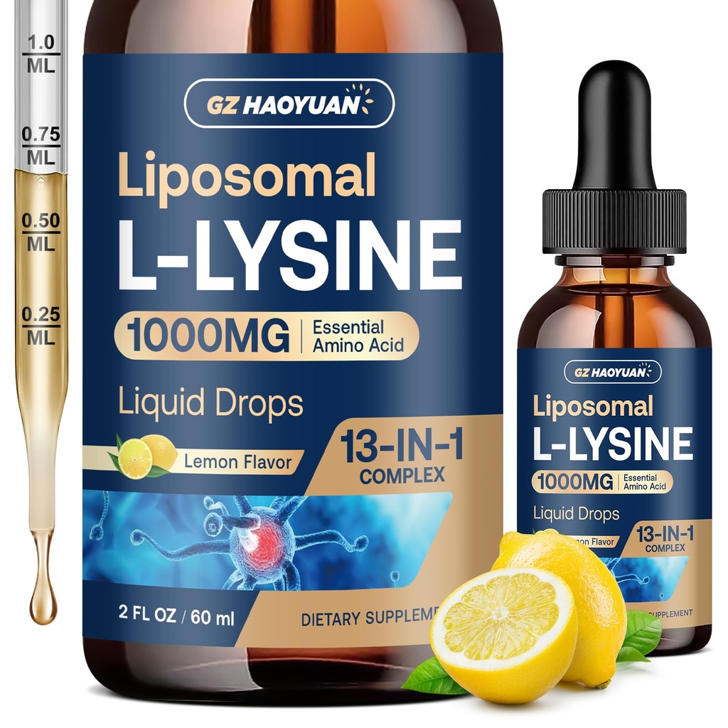Lipomal L-lysine 1000MG Liquid Drops, 13- 1 Lysine Suplemen - Monolaurin, Zaitun Leaf Ekstraksi dengan Vitamin C, B6, B12 & Zinc untuk Collagen, Kulit & Imune Dukungan untuk Anak-anak & Dewasa, 2oz