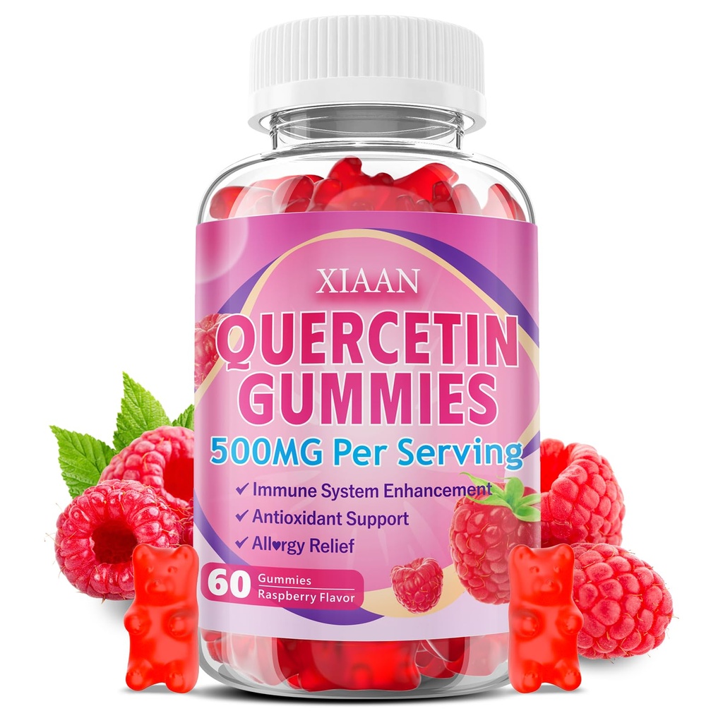 Quercetin Gummies 500mg for Kids & Dewats, Organic Quercetin Suplemen dengan Bromelain Zinc Vitamin C dan D3 Dukung Antioksidant & Ammune System Health, Raspberry Flavor 60 Count